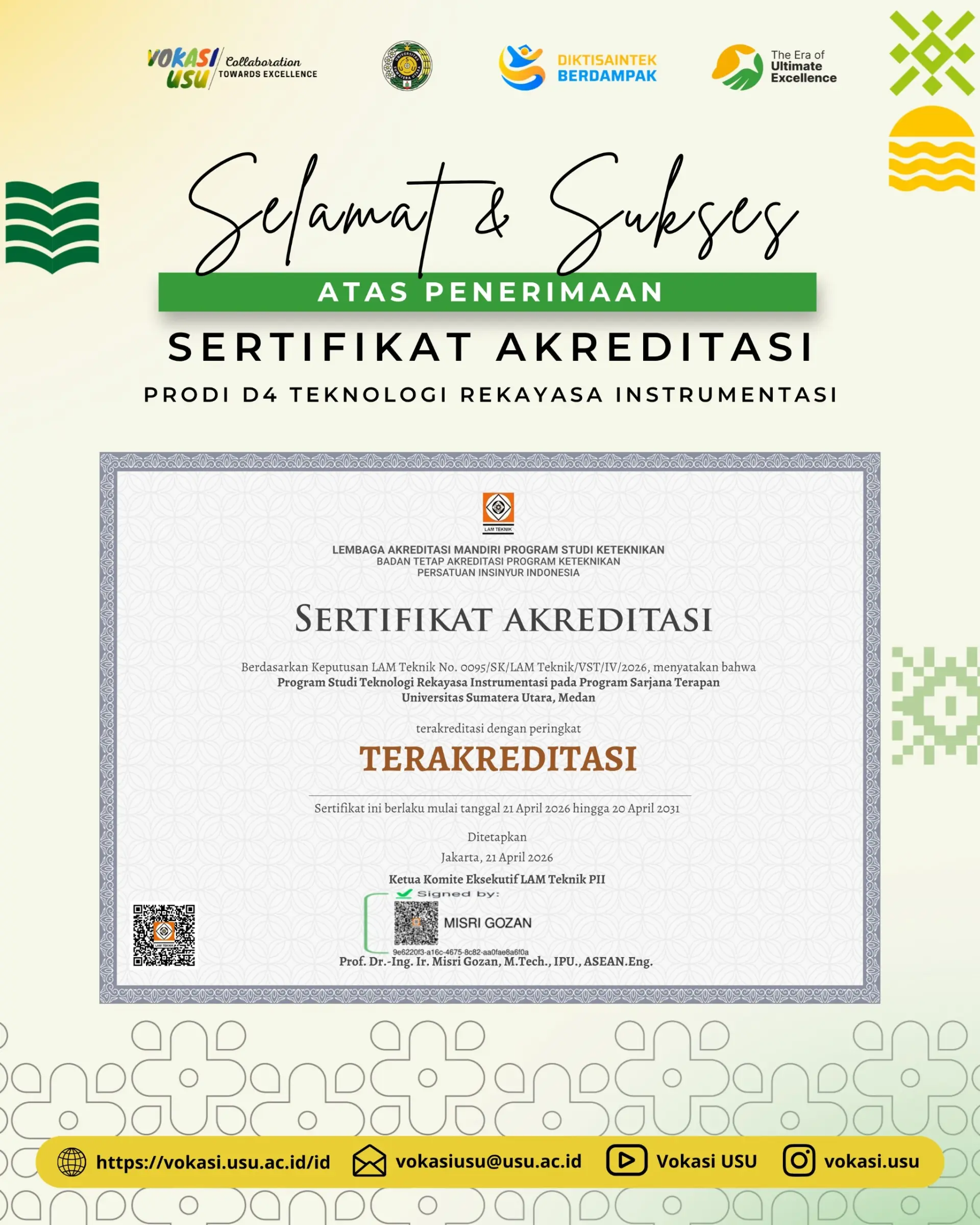 Selamat dan Sukses atas Penerimaan Sertifikat Akreditasi Program Studi D4 Teknologi Rekayasa Instrumentasi